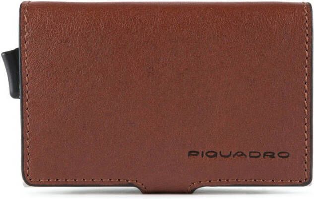 Piquadro Black Square Double Creditcard Case With Sliding System Tobacco Leather