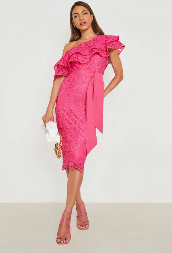 boohoo Assymetrische Gehaakte Kanten Midi Jurk Met Franjes, Hot Pink