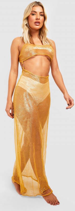 boohoo Fishnet Glitter Cut Out Midaxi Strand Jurk, Gold