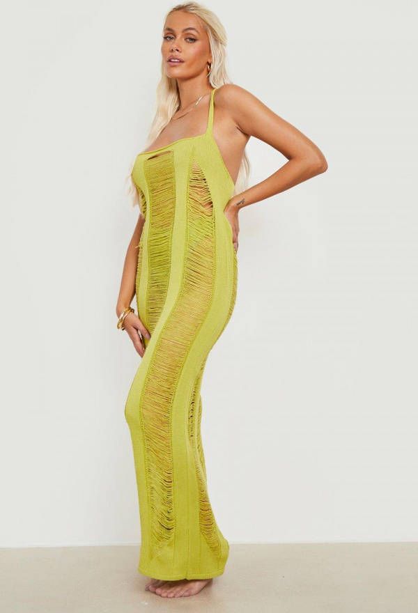 boohoo Gebreide Ladder Maxi Strand Jurk Met Bandjes, Lime