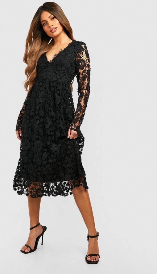 boohoo Gehaakte Kanten Midi Skater Jurk Met Lange Mouwen, Black