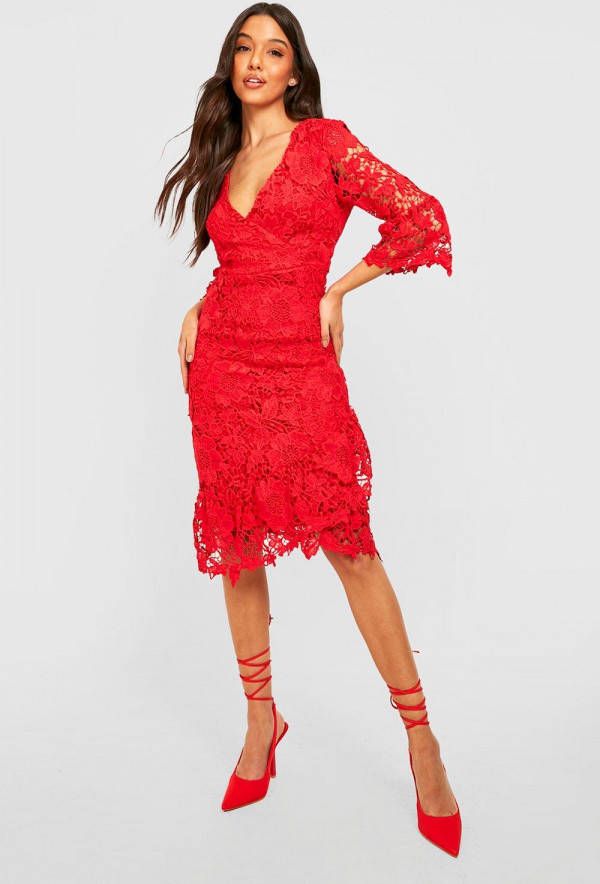 boohoo Gehaakte Kanten Midi Wikkel Jurk, Red