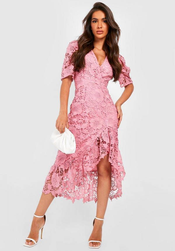 boohoo Gehaakte Midaxi Jurk Met Kanten Mouwen En Oneven Zoom, Rose