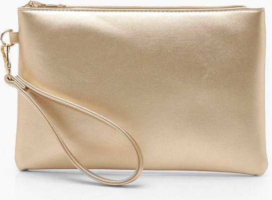 boohoo Gladde Metallic Clutch Met Rits, Goud