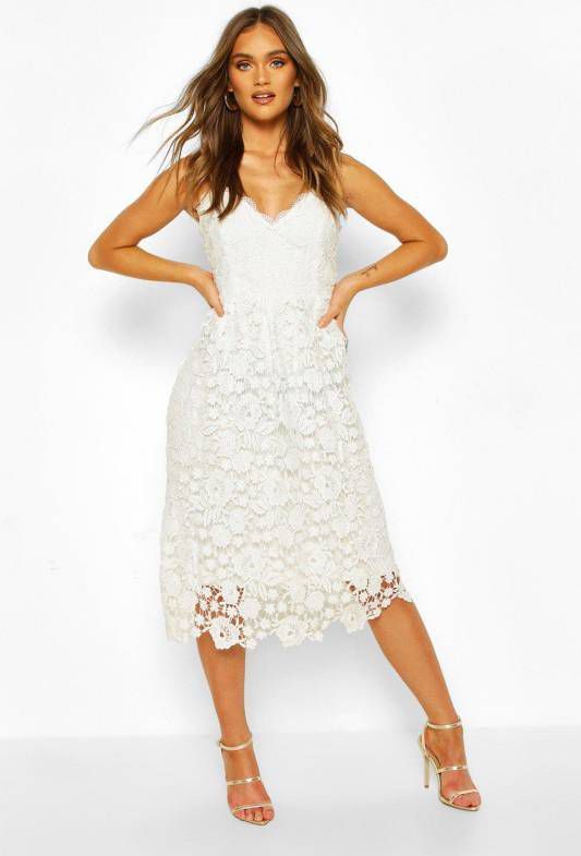 boohoo Gehaakte Midi Jurk Met Kant En Bandjes, Wit