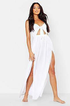 boohoo Maxi Strand Jurk Met Strik En Uitsnijding, White