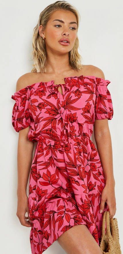 boohoo Tropische Off Shoulder Maxi Strand Jurk, Pink