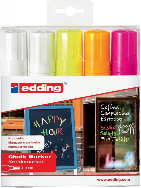 Edding krijtmarker e 4090 schuine punt etui van 5 stuks 2 x wit, 1 x geel, 1 x oranje en 1 x roze